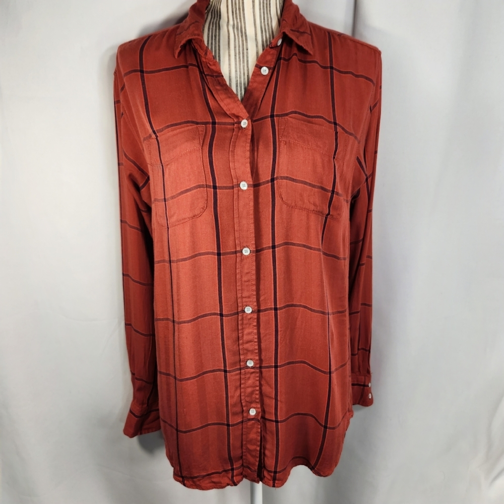 Stylus Orange & Blue Plaid Button Down Tunic Top Size Medium